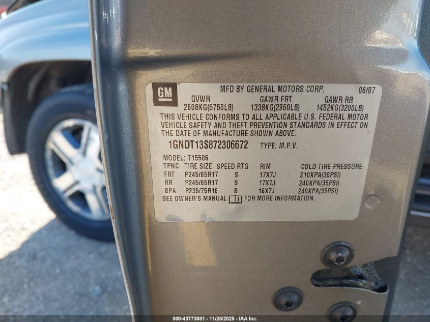 2007 Chevrolet Trailblazer Lt VIN: 1GNDT13S872306672 Lot: 43773881