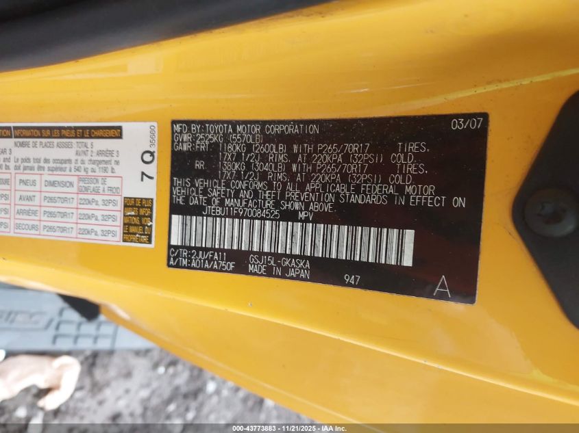 2007 Toyota Fj Cruiser VIN: JTEBU11F970084525 Lot: 43773883