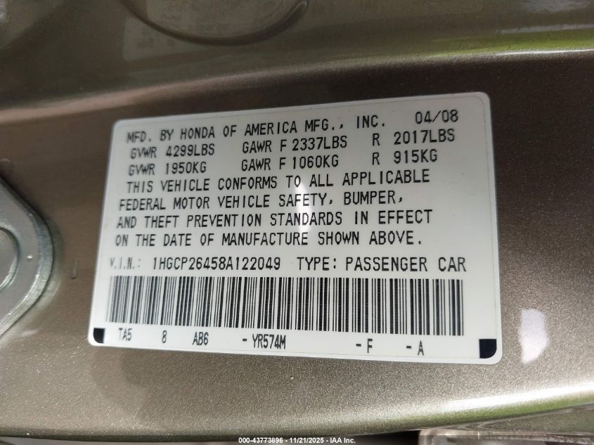 2008 Honda Accord 2.4 Lx-P VIN: 1HGCP26458A122049 Lot: 43773896