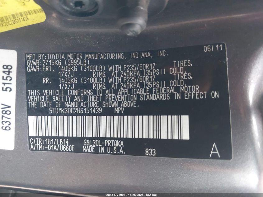 2011 Toyota Sienna Xle V6 VIN: 5TDYK3DC2BS151439 Lot: 43773903