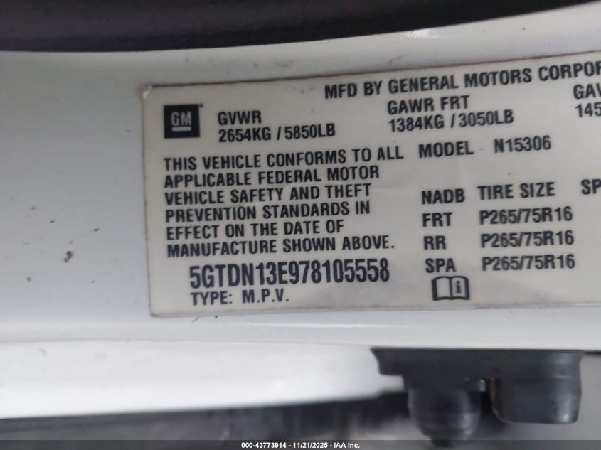 2007 Hummer H3 Suv VIN: 5GTDN13E978105558 Lot: 43773914