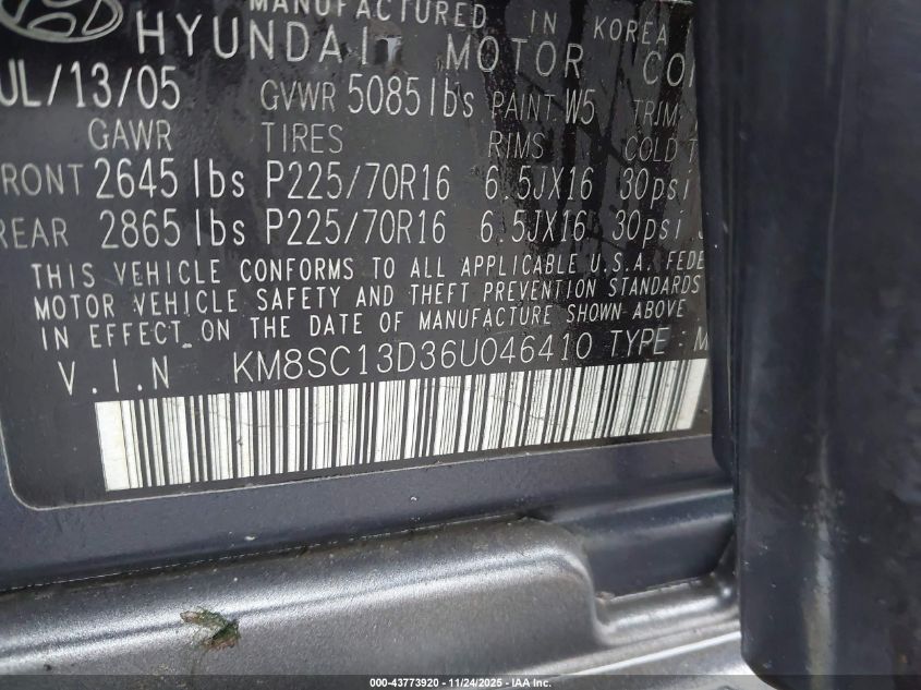 2006 Hyundai Santa Fe Gls VIN: KM8SC13D36U046410 Lot: 43773920