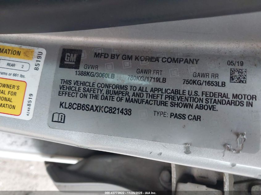 2019 Chevrolet Spark Ls Cvt VIN: KL8CB6SAXKC821438 Lot: 43773922