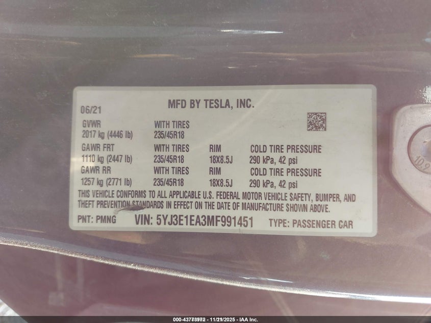 2021 Tesla Model 3 Standard Range Plus Rear-Wheel Drive VIN: 5YJ3E1EA3MF991451 Lot: 43773972
