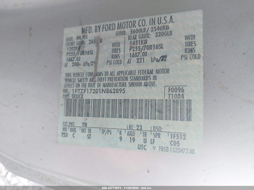2001 Ford F-150 Xl/Xlt VIN: 1FTZF17201NB62895 Lot: 43773973