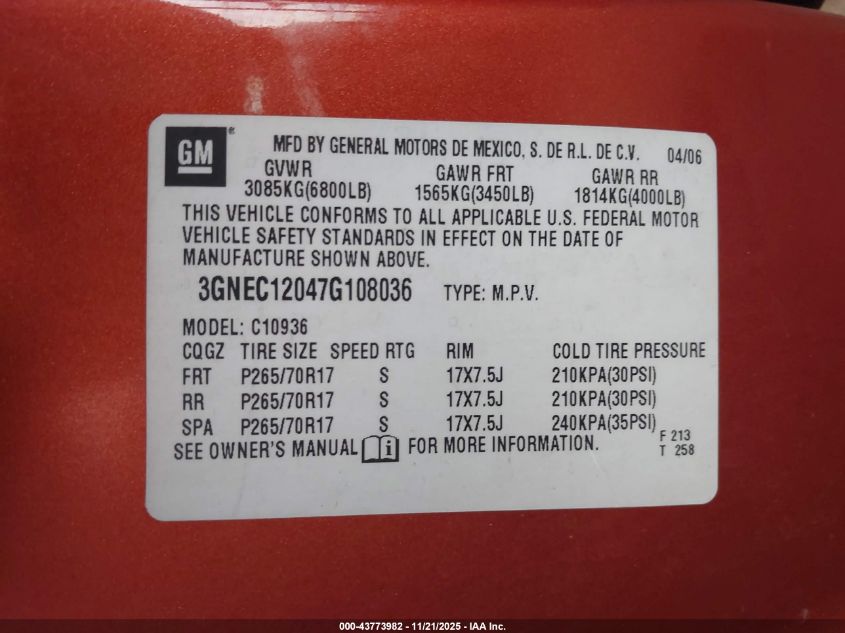 2007 Chevrolet Avalanche 1500 Ls VIN: 3GNEC12047G108036 Lot: 43773982
