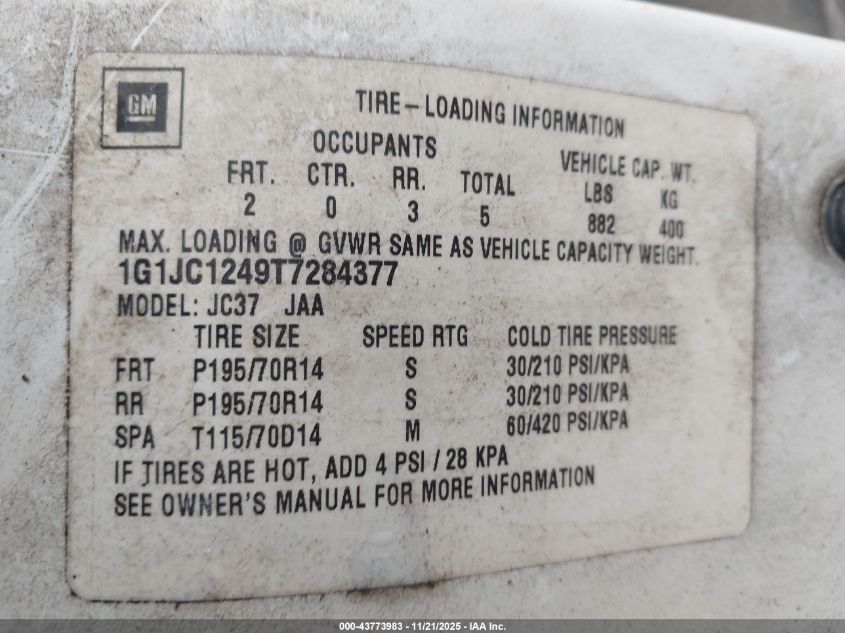 1996 Chevrolet Cavalier VIN: 1G1JC1249T7284377 Lot: 43773983