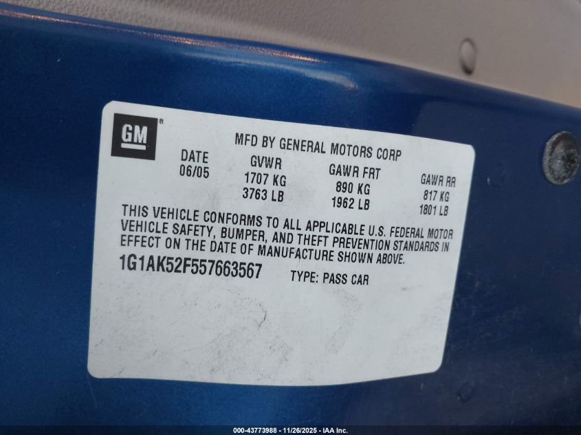 2005 Chevrolet Cobalt VIN: 1G1AK52F557663567 Lot: 43773988