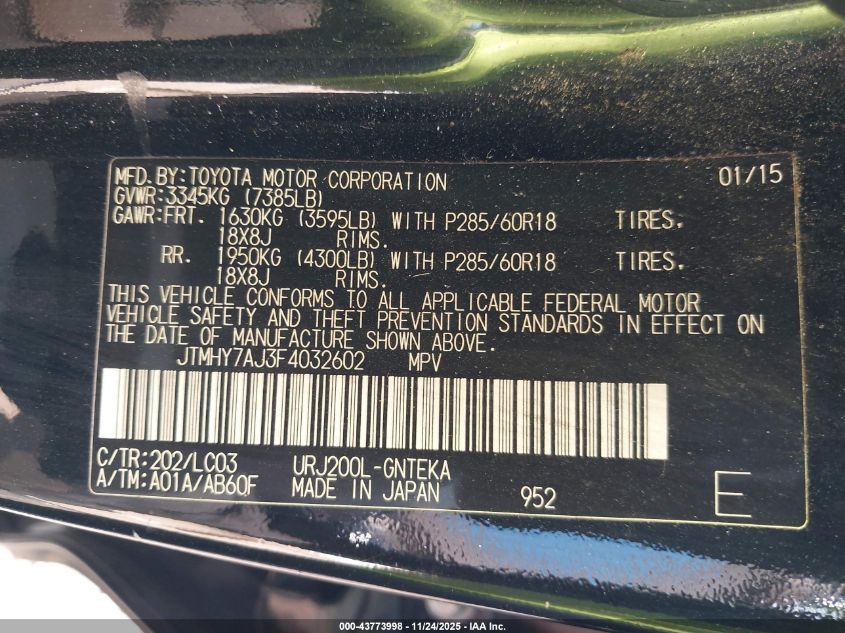 2015 Toyota Land Cruiser V8 VIN: JTMHY7AJ3F4032602 Lot: 43773998