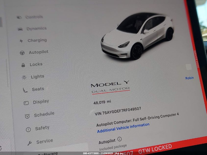 2024 Tesla Model Y Performance Dual Motor All-Wheel Drive VIN: 7SAYGDEF7RF049507 Lot: 43773999