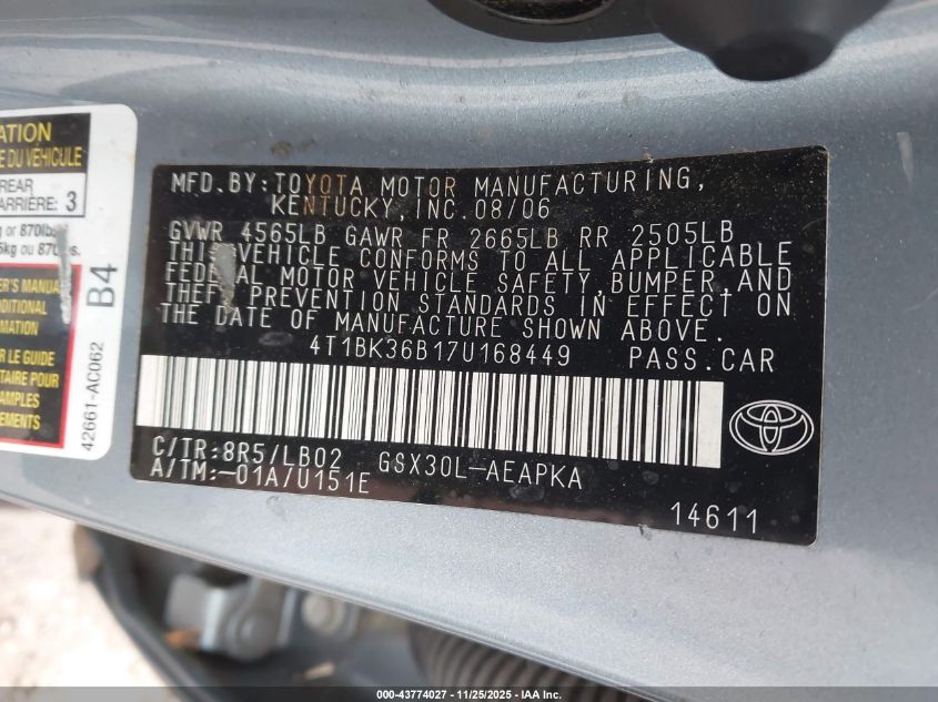 2007 Toyota Avalon Limited VIN: 4T1BK36B17U168449 Lot: 43774027