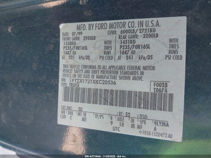 1999 Ford F-150 Work Series/Xl/Xlt VIN: 1FTZX1721XKC20536 Lot: 43774044