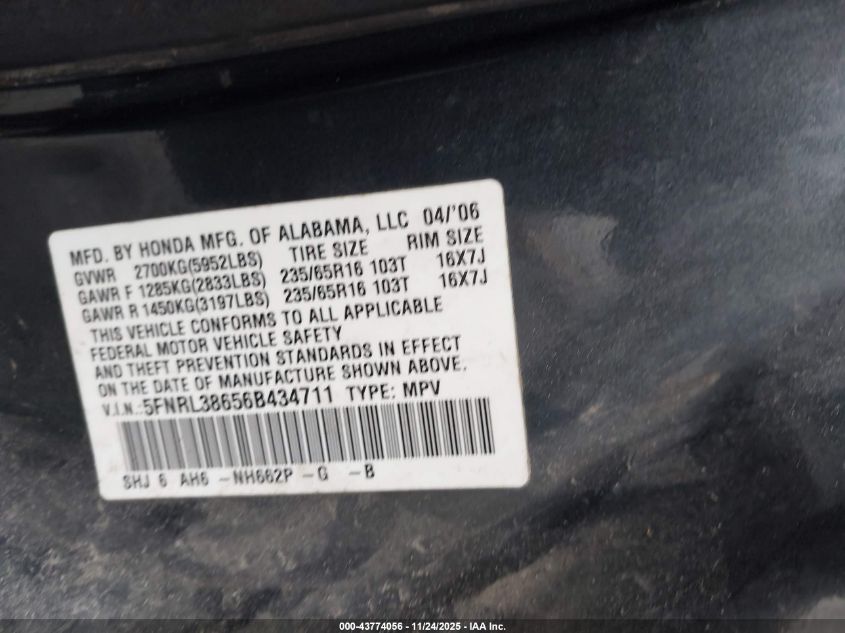 2006 Honda Odyssey Ex-L VIN: 5FNRL38656B434711 Lot: 43774056