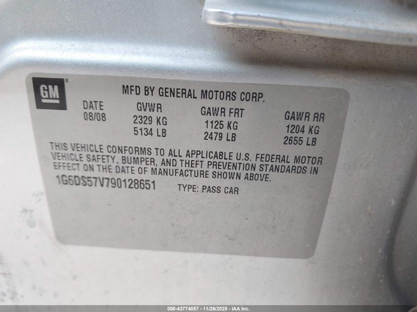 2009 Cadillac Cts Standard VIN: 1G6DS57V790128651 Lot: 43774057