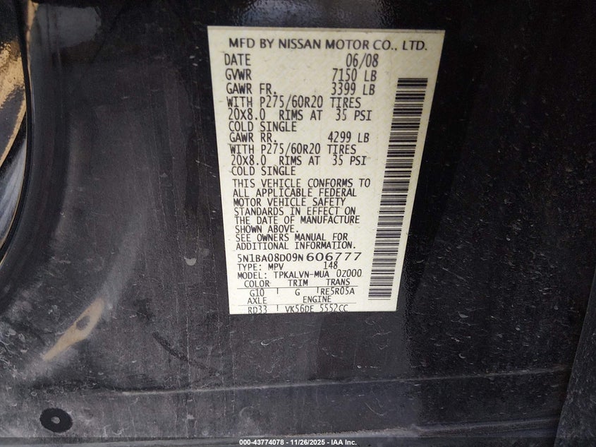 2009 Nissan Armada Le VIN: 5N1BA08D09N606777 Lot: 43774078