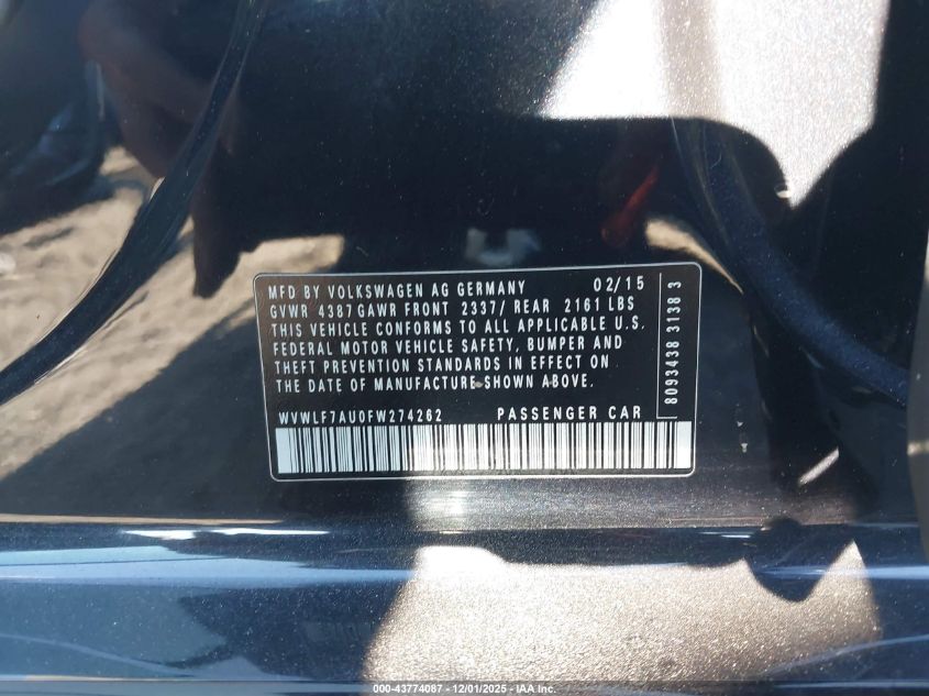 2015 Volkswagen Golf R 4-Door VIN: WVWLF7AU0FW274262 Lot: 43774087