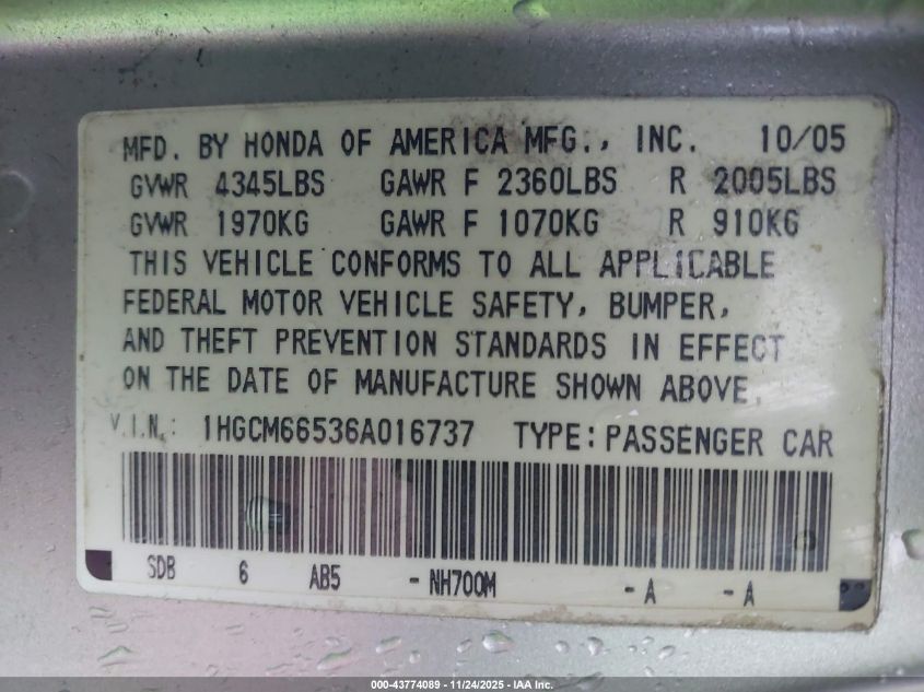 2006 Honda Accord 3.0 Ex VIN: 1HGCM66536A016737 Lot: 43774089