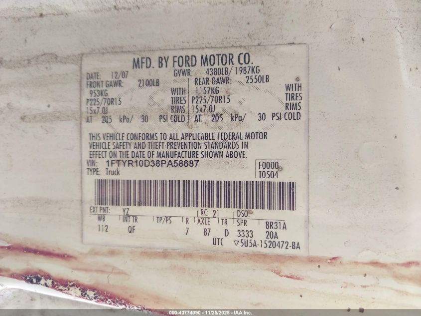 2008 Ford Ranger Xl/Xlt VIN: 1FTYR10D38PA58687 Lot: 43774090