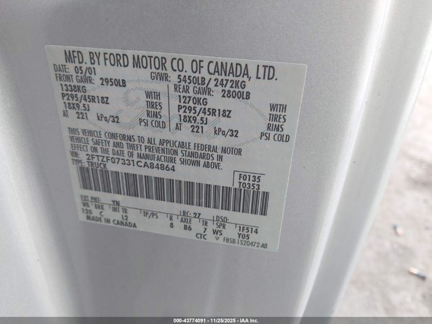 2001 Ford F-150 Svt Lightning VIN: 2FTZF07331CA84864 Lot: 43774091