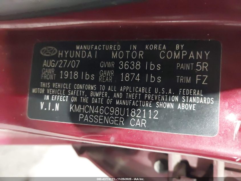 2008 Hyundai Accent Gls VIN: KMHCN46C98U182112 Lot: 43774111