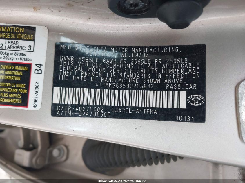 2008 Toyota Avalon Limited VIN: 4T1BK36B58U265817 Lot: 43774125