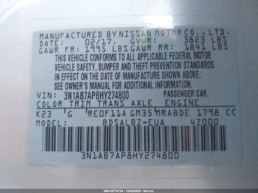 2017 Nissan Sentra S VIN: 3N1AB7AP8HY274800 Lot: 43774134