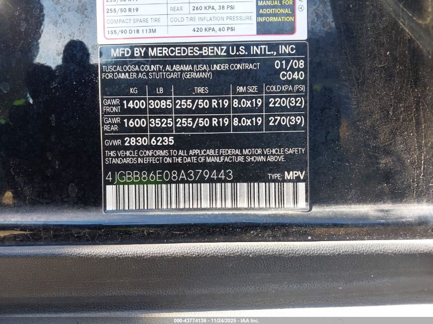 2008 Mercedes-Benz Ml 350 4Matic VIN: 4JGBB86E08A379443 Lot: 43774136