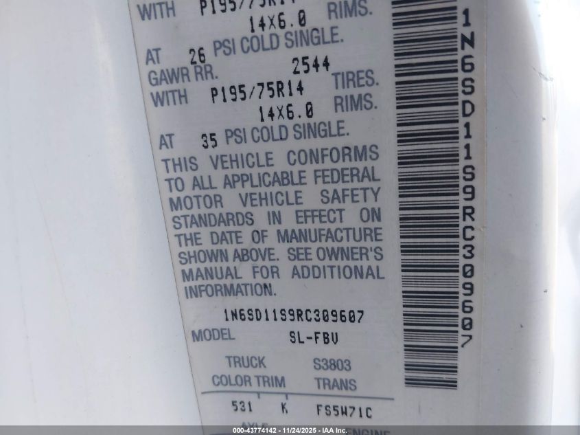 1994 Nissan Truck Xe VIN: 1N6SD11S9RC309607 Lot: 43774142