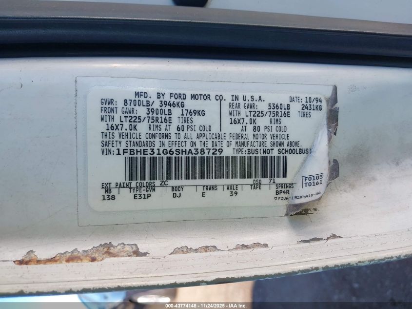 1995 Ford Econoline E350 VIN: 1FBHE31G6SHA38729 Lot: 43774148