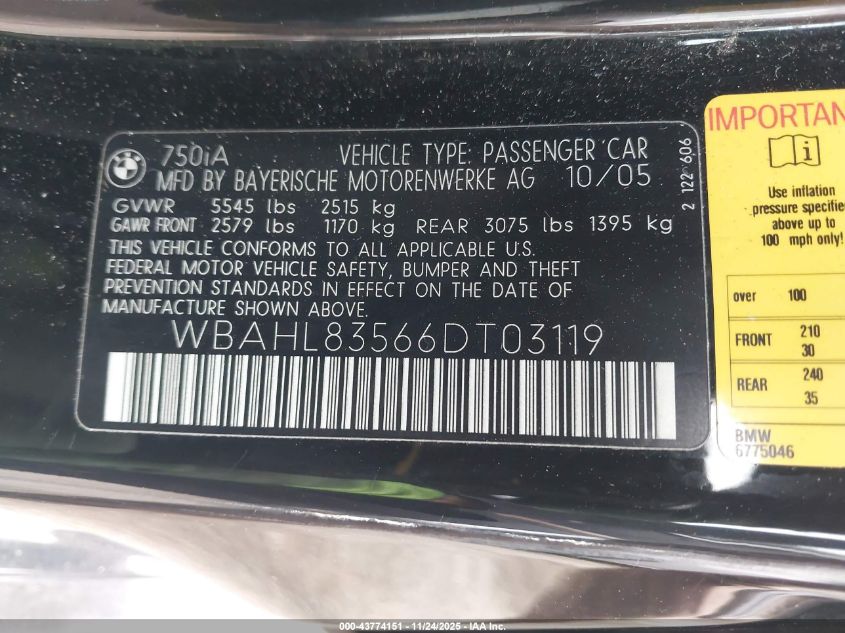 2006 BMW 750I VIN: WBAHL83566DT03119 Lot: 43774151