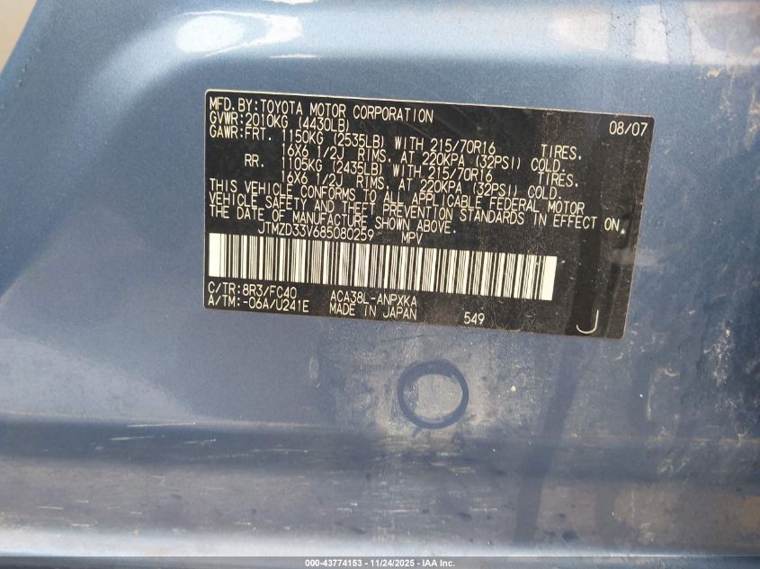 2008 Toyota Rav4 VIN: JTMZD33V685080259 Lot: 43774153