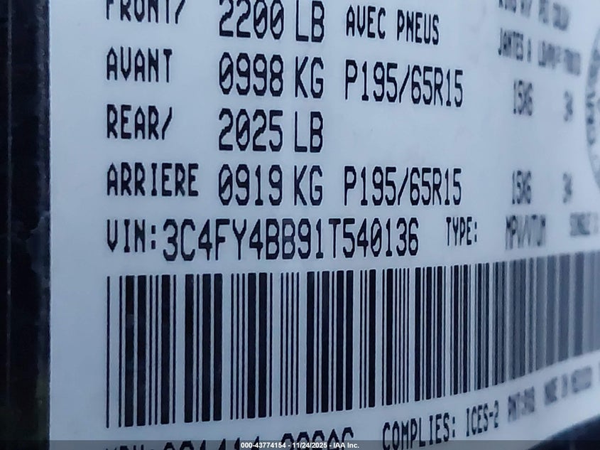 2001 Chrysler Pt Cruiser VIN: 3C4FY4BB91T540136 Lot: 43774154