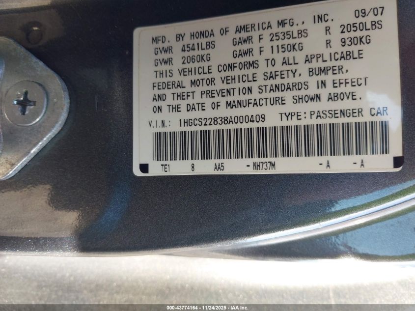 2008 Honda Accord 3.5 Ex-L VIN: 1HGCS22838A000409 Lot: 43774164