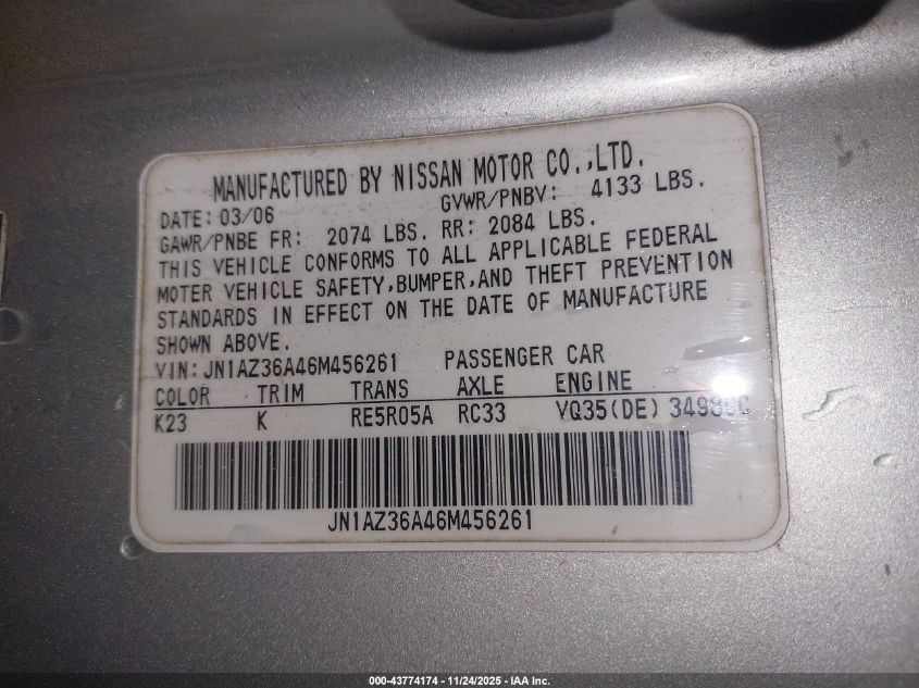 2006 Nissan 350Z Touring VIN: JN1AZ36A46M456261 Lot: 43774174