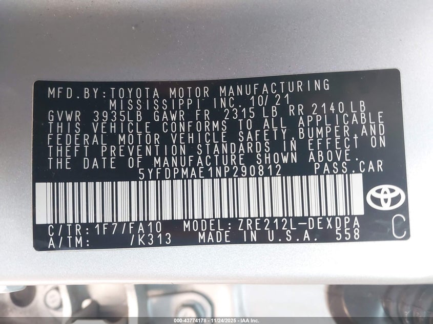 VIN 5YFDPMAE1NP290812 2022 TOYOTA COROLLA L