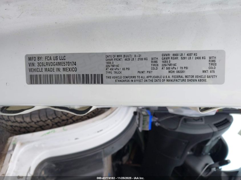 2021 Ram Promaster 2500 High Roof 159 Wb VIN: 3C6LRVDG4ME570174 Lot: 43774182