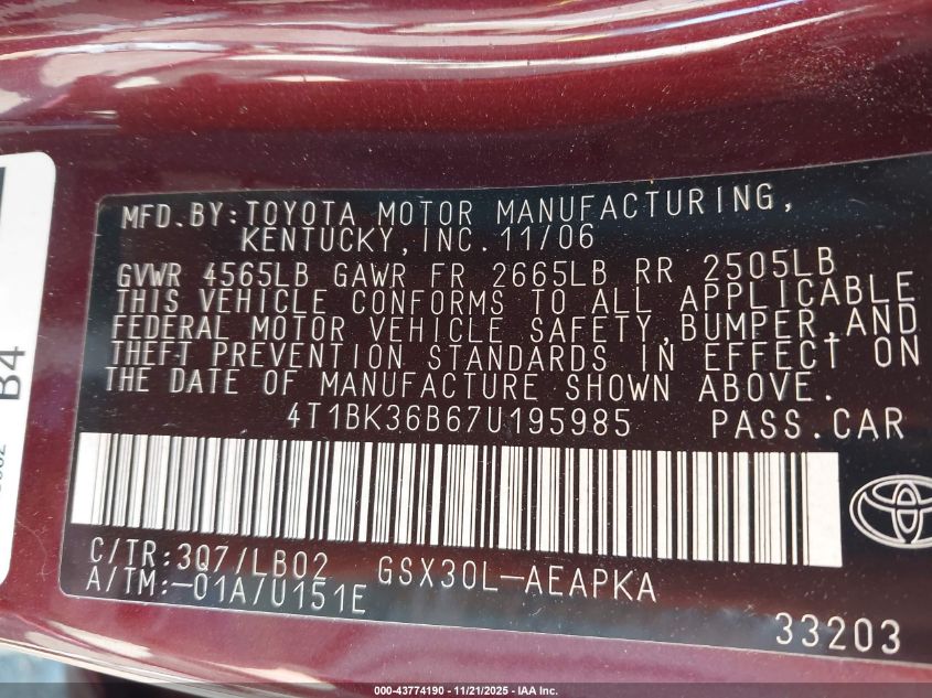 2007 Toyota Avalon Limited VIN: 4T1BK36B67U195985 Lot: 43774190