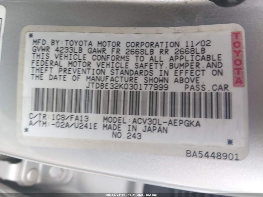 2003 Toyota Camry Xle VIN: JTDBE32K030177999 Lot: 43774193