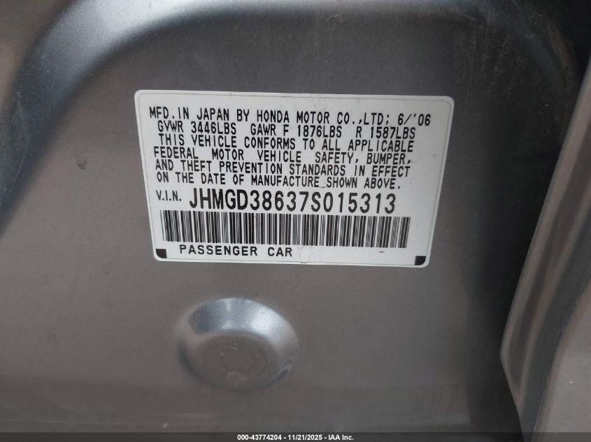 2007 Honda Fit Sport VIN: JHMGD38637S015313 Lot: 43774204