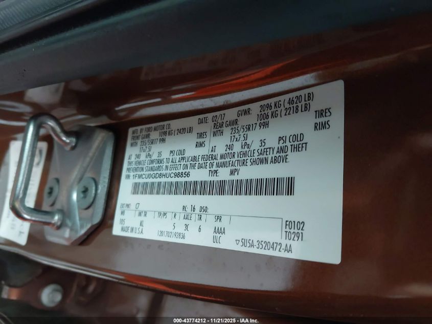 2017 Ford Escape Se VIN: 1FMCU0GD8HUC98856 Lot: 43774212