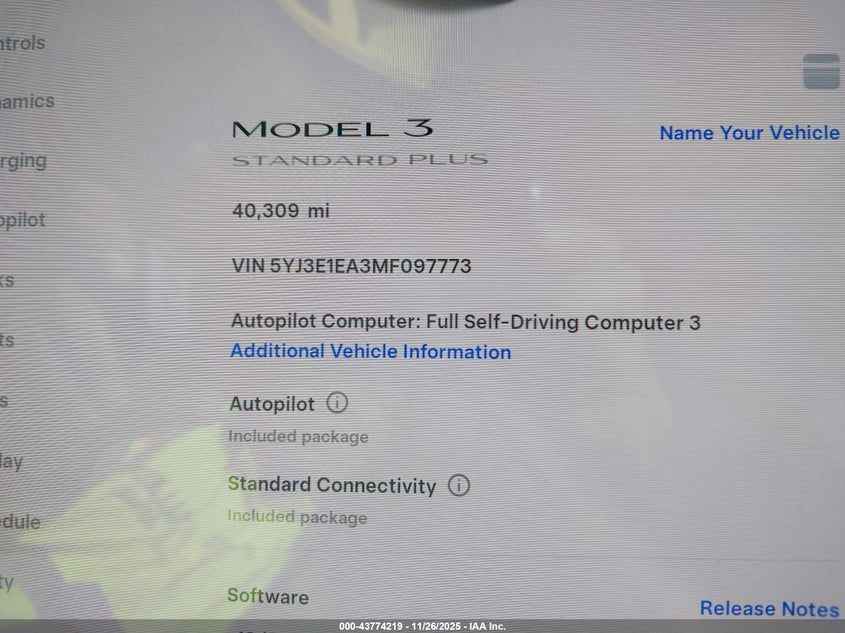 2021 Tesla Model 3 Standard Range Plus Rear-Wheel Drive VIN: 5YJ3E1EA3MF097773 Lot: 43774219