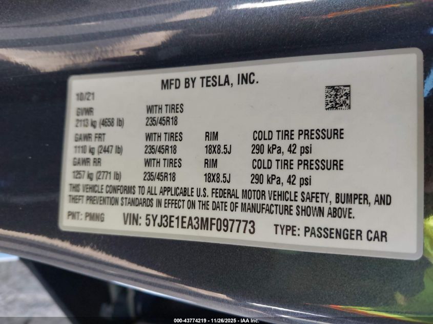 2021 Tesla Model 3 Standard Range Plus Rear-Wheel Drive VIN: 5YJ3E1EA3MF097773 Lot: 43774219
