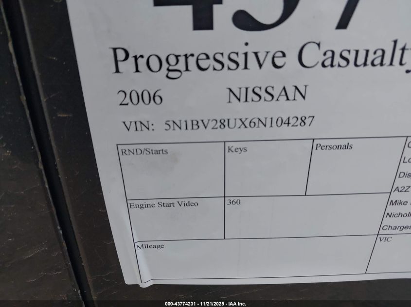 2006 Nissan Quest 3.5 S VIN: 5N1BV28UX6N104287 Lot: 43774231