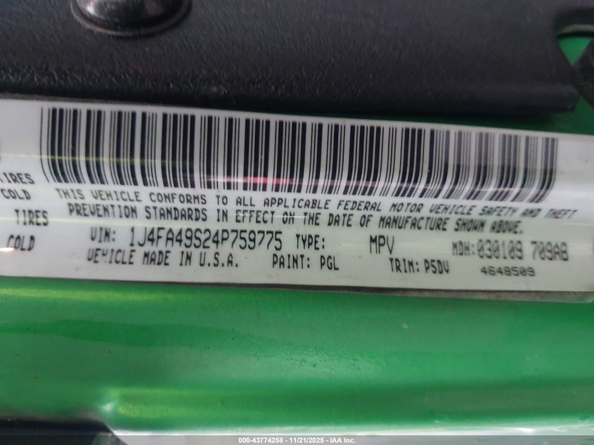 2004 Jeep Wrangler Unlimited VIN: 1J4FA49S24P759775 Lot: 43774258