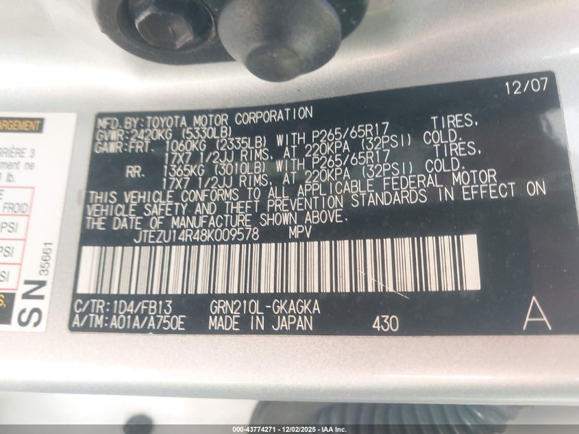 2008 Toyota 4Runner Sport V6 VIN: JTEZU14R48K009578 Lot: 43774271