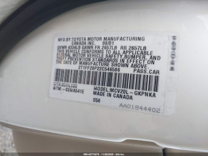 2002 Toyota Camry Solara Sle V6 VIN: 2T1FF28P22C546586 Lot: 43774275