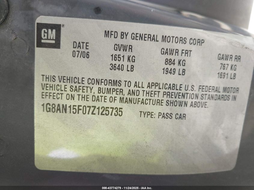 2007 Saturn Ion 2 VIN: 1G8AN15F07Z125735 Lot: 43774279