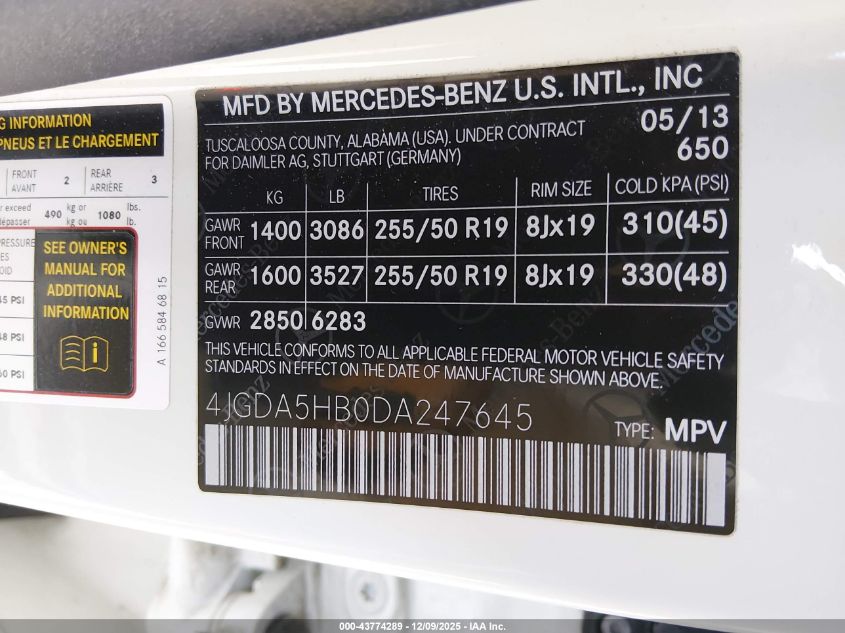 2013 Mercedes-Benz Ml 350 4Matic VIN: 4JGDA5HB0DA247645 Lot: 43774289