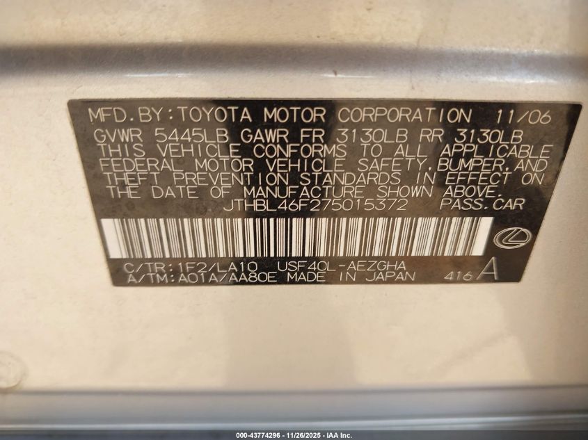 2007 Lexus Ls 460 VIN: JTHBL46F275015372 Lot: 43774296