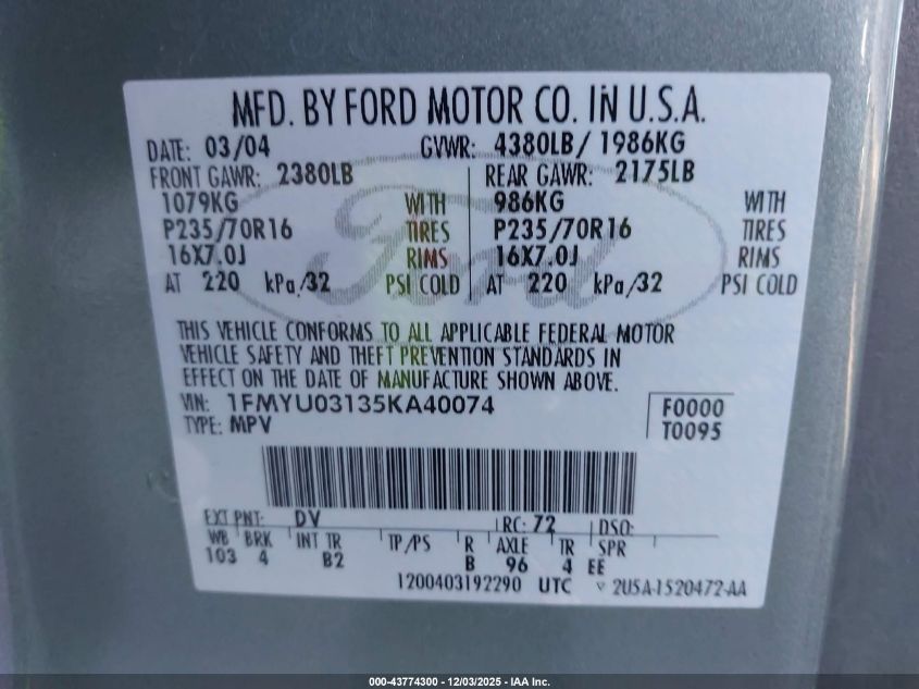 2005 Ford Escape Xlt VIN: 1FMYU03135KA40074 Lot: 43774300